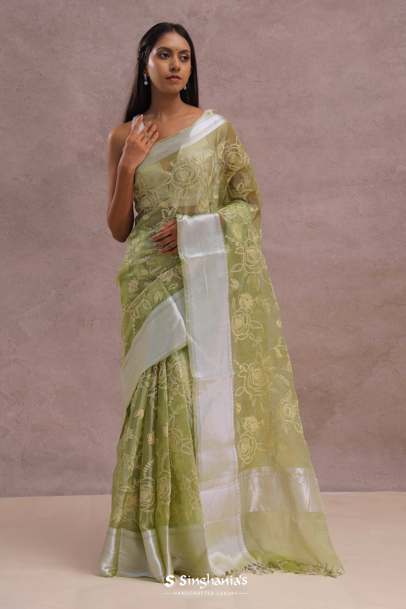 Olive Green Organza Saree With Embroidery Work