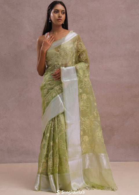 <img> Olive Green Organza Saree With Embroidery Work
