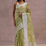 Olive Green Organza Saree With Embroidery Work
