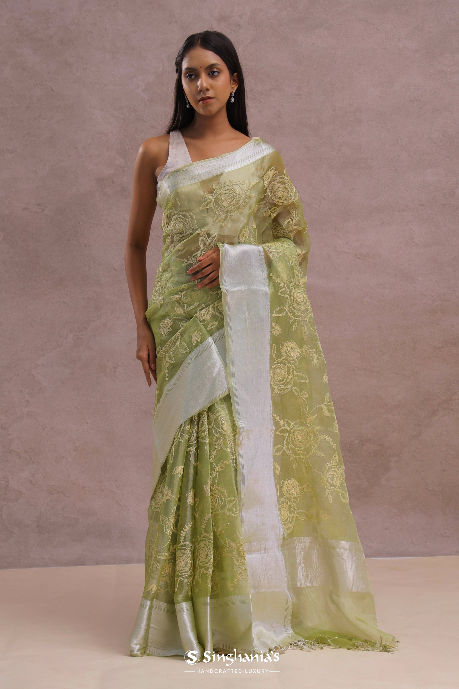 Olive Green Organza Saree With Embroidery Work