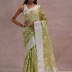 Olive Green Organza Saree With Embroidery Work