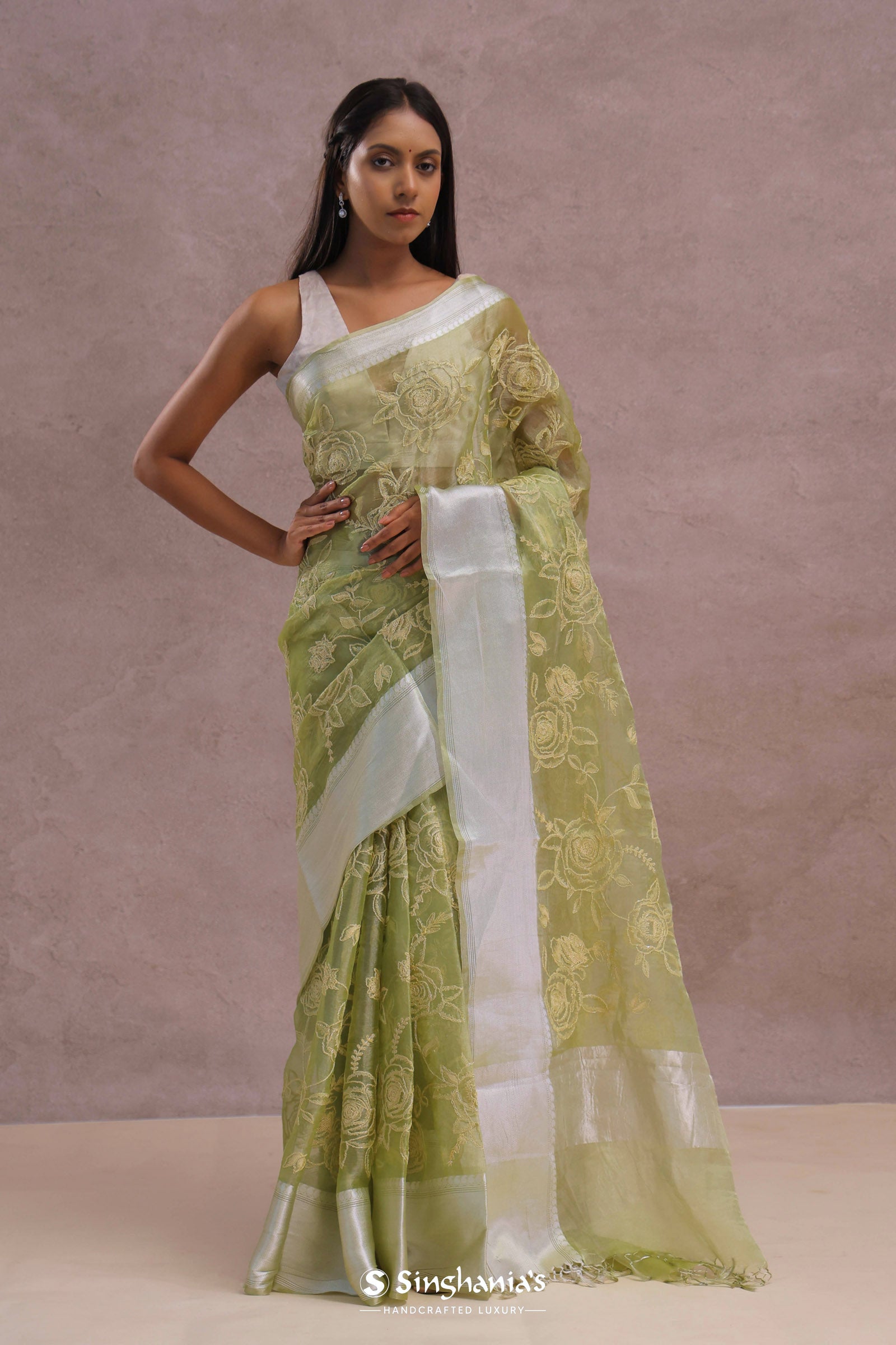 Olive Green Organza Saree With Embroidery Work