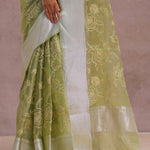 Olive Green Organza Saree With Embroidery Work