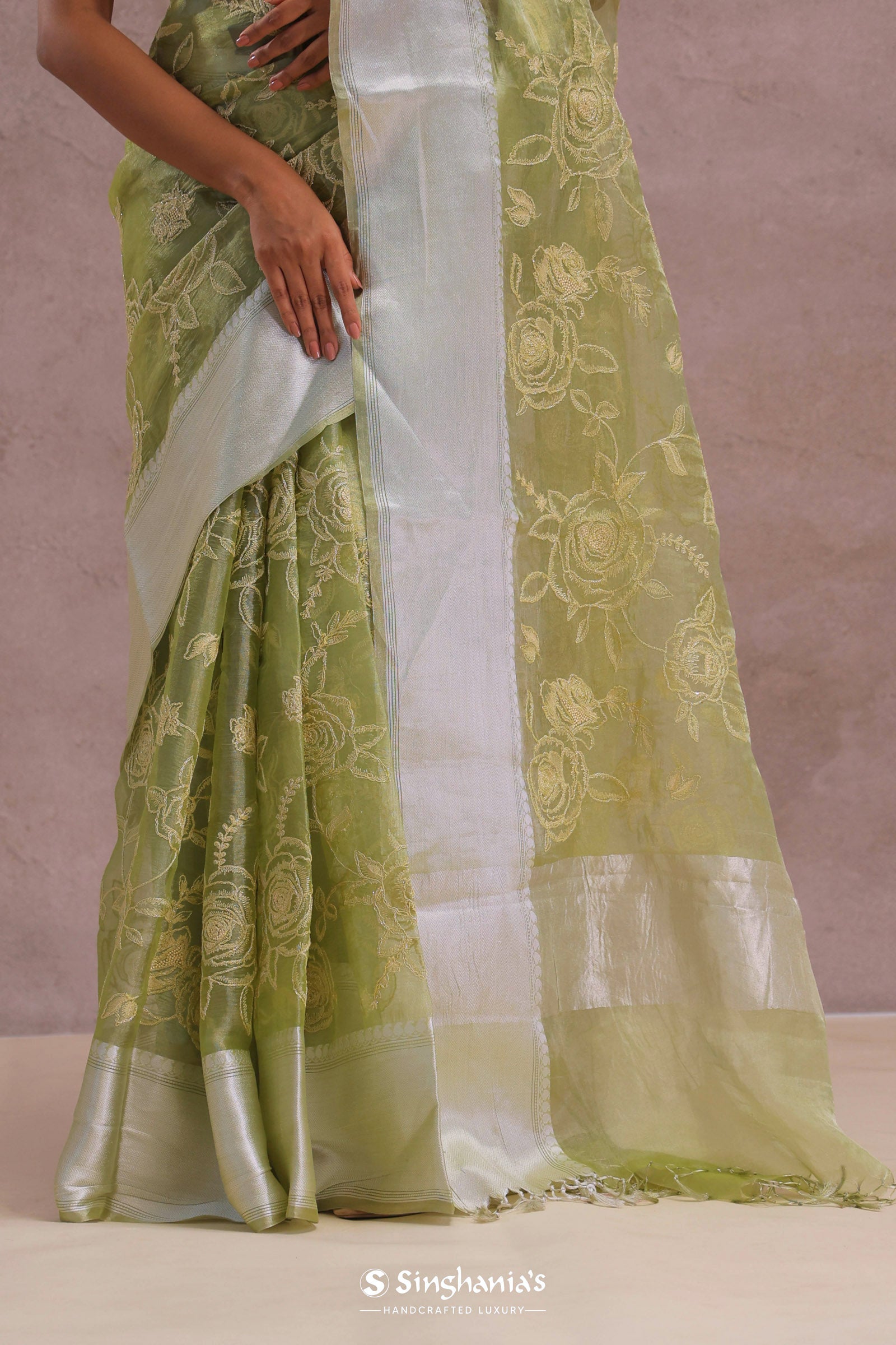 Olive Green Organza Saree With Embroidery Work