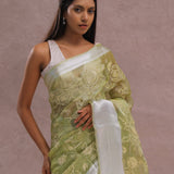 Olive Green Organza Saree With Embroidery Work