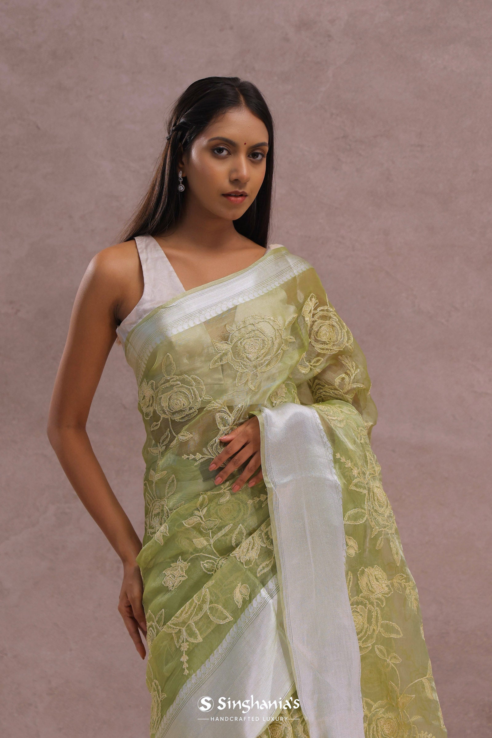 Olive Green Organza Saree With Embroidery Work