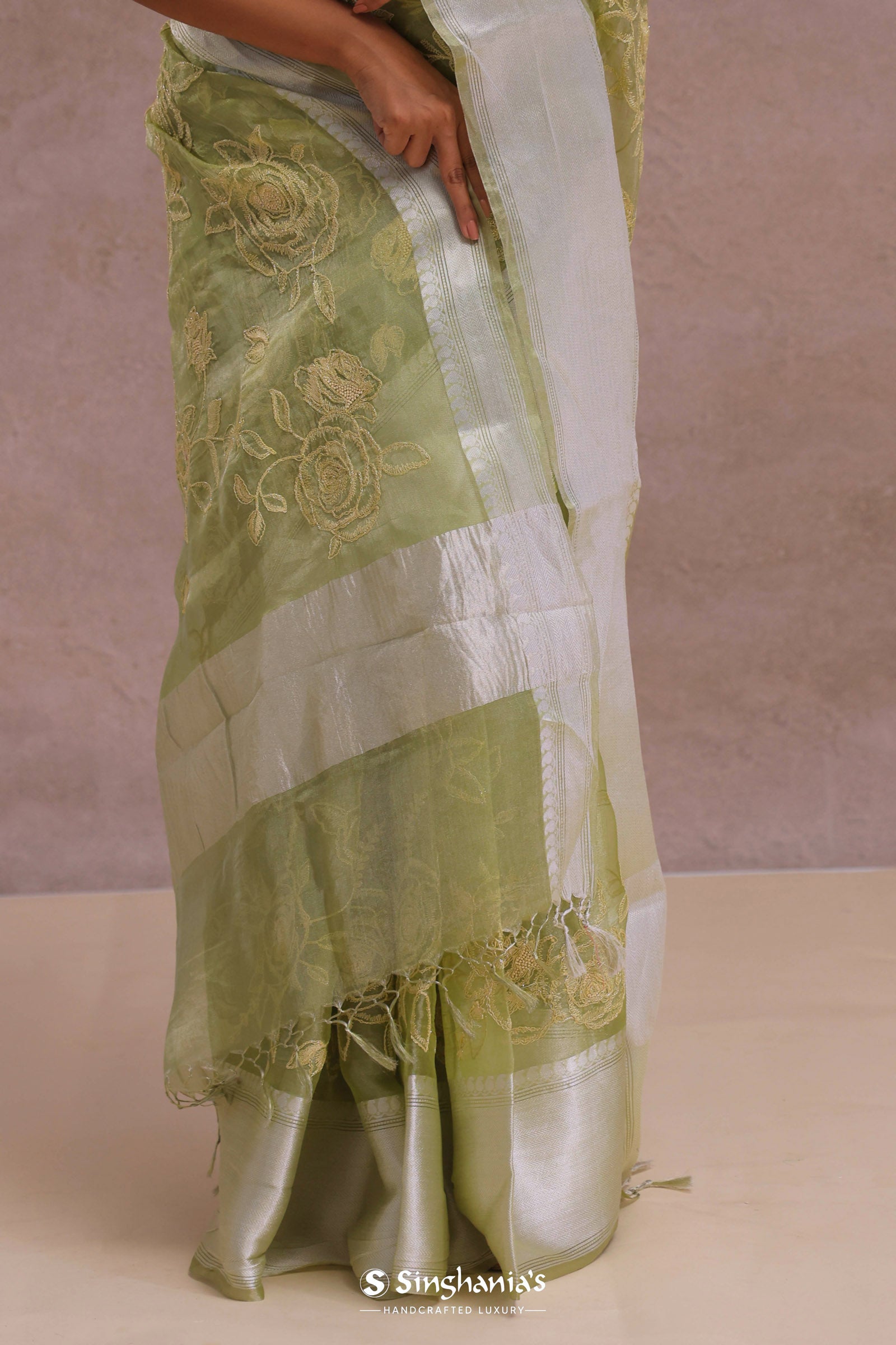 Olive Green Organza Saree With Embroidery Work