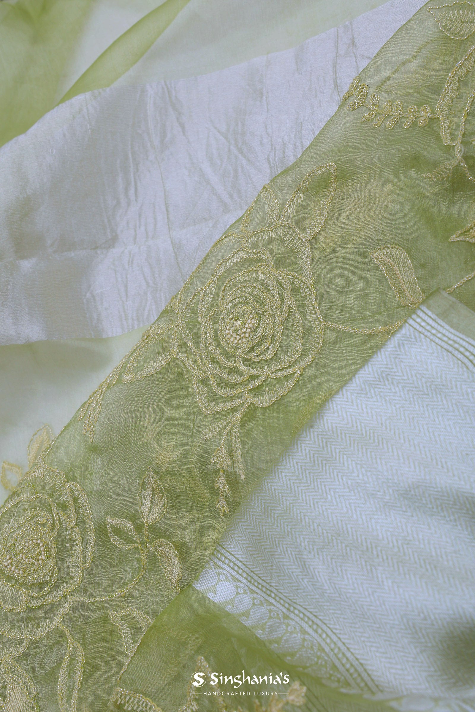 Olive Green Organza Saree With Embroidery Work
