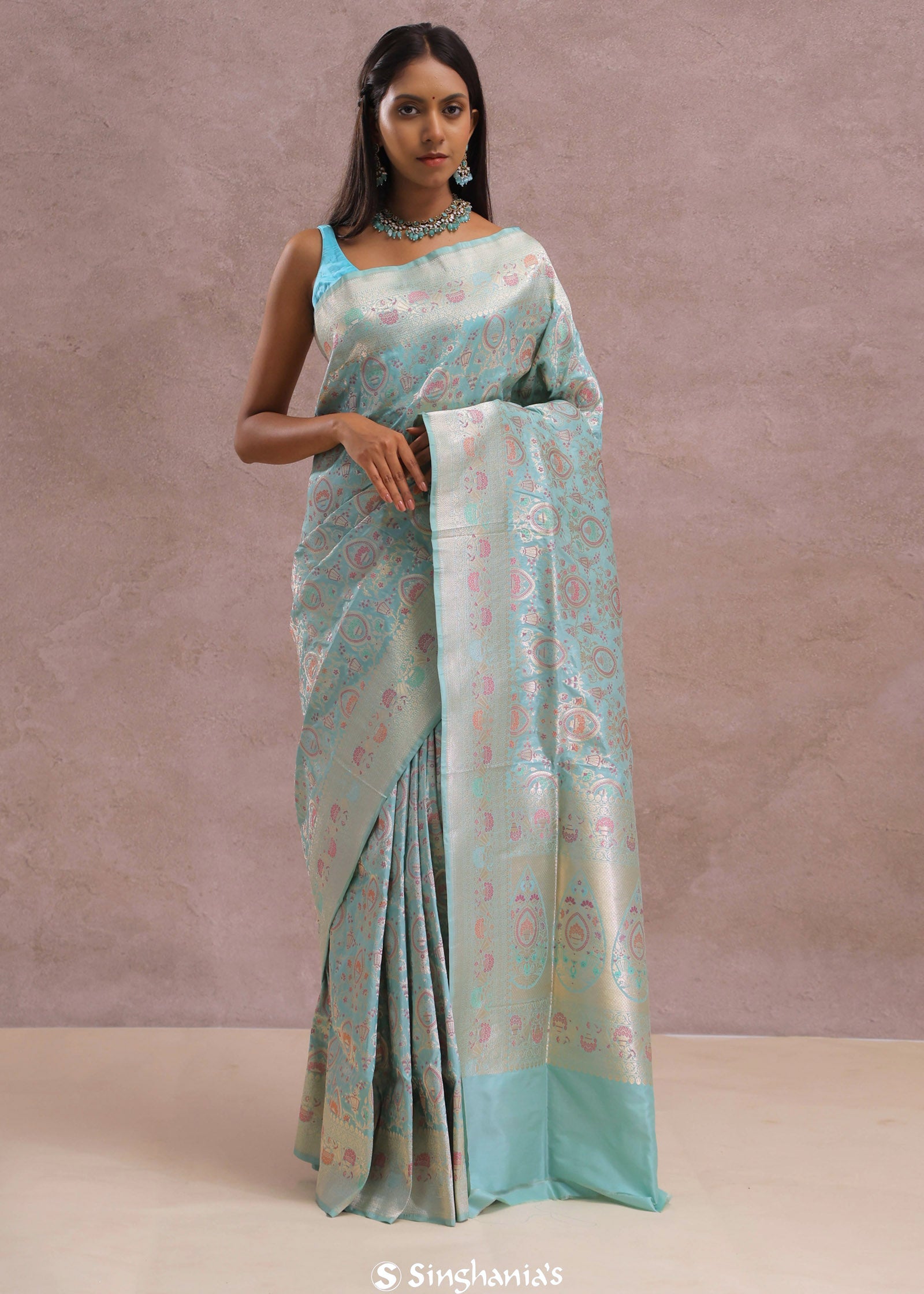 Sapphire Blue Banarasi Silk Saree With Meenakari Work