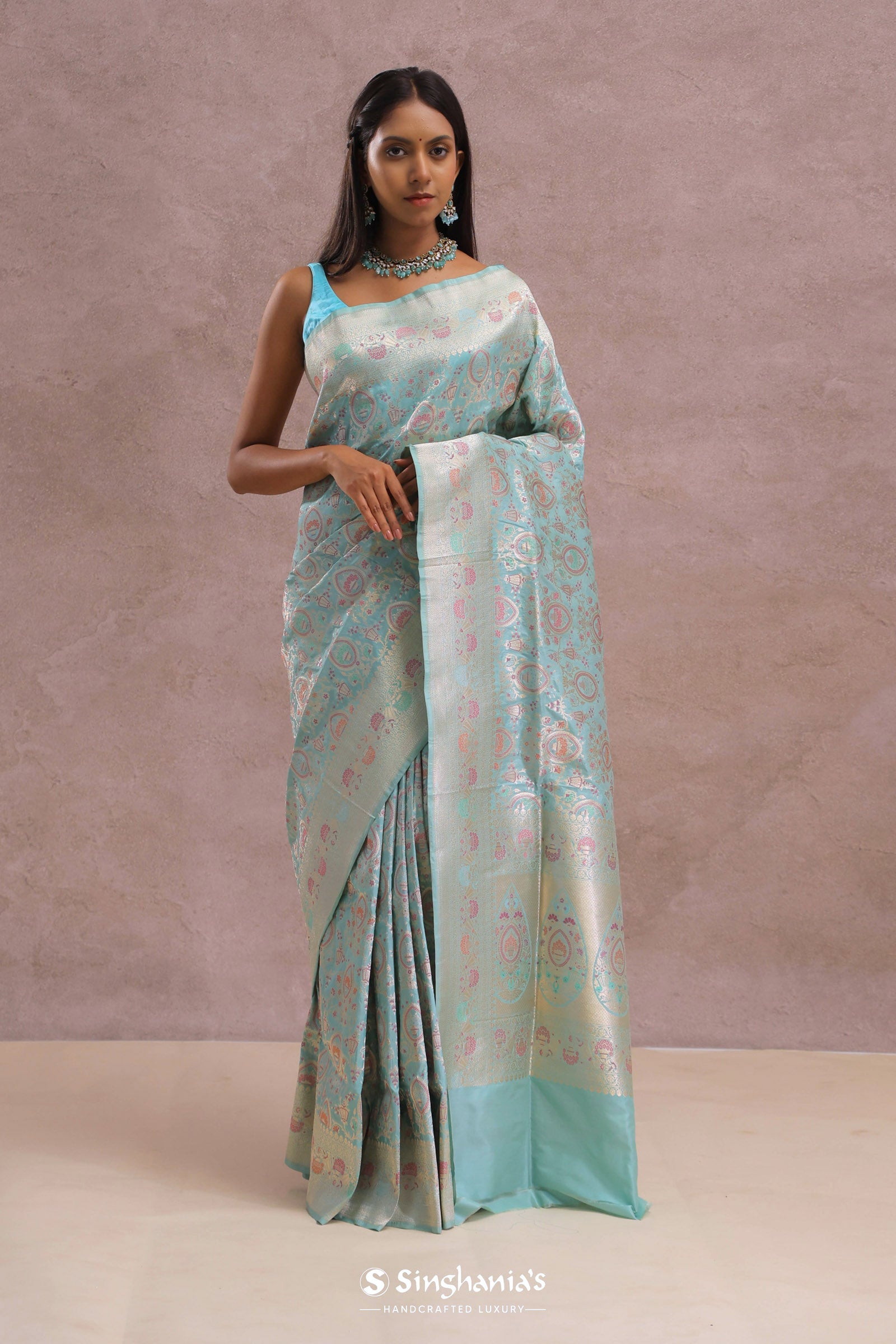Sapphire Blue Banarasi Silk Saree With Meenakari Work