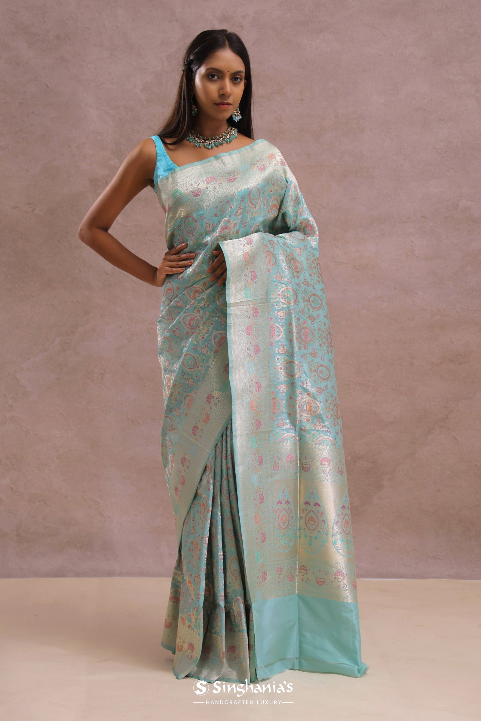 Sapphire Blue Banarasi Silk Saree With Meenakari Work