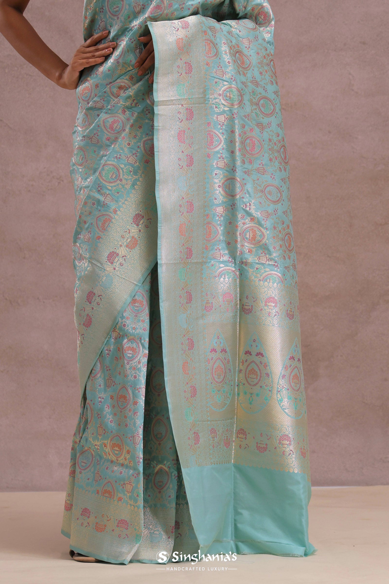 Sapphire Blue Banarasi Silk Saree With Meenakari Work