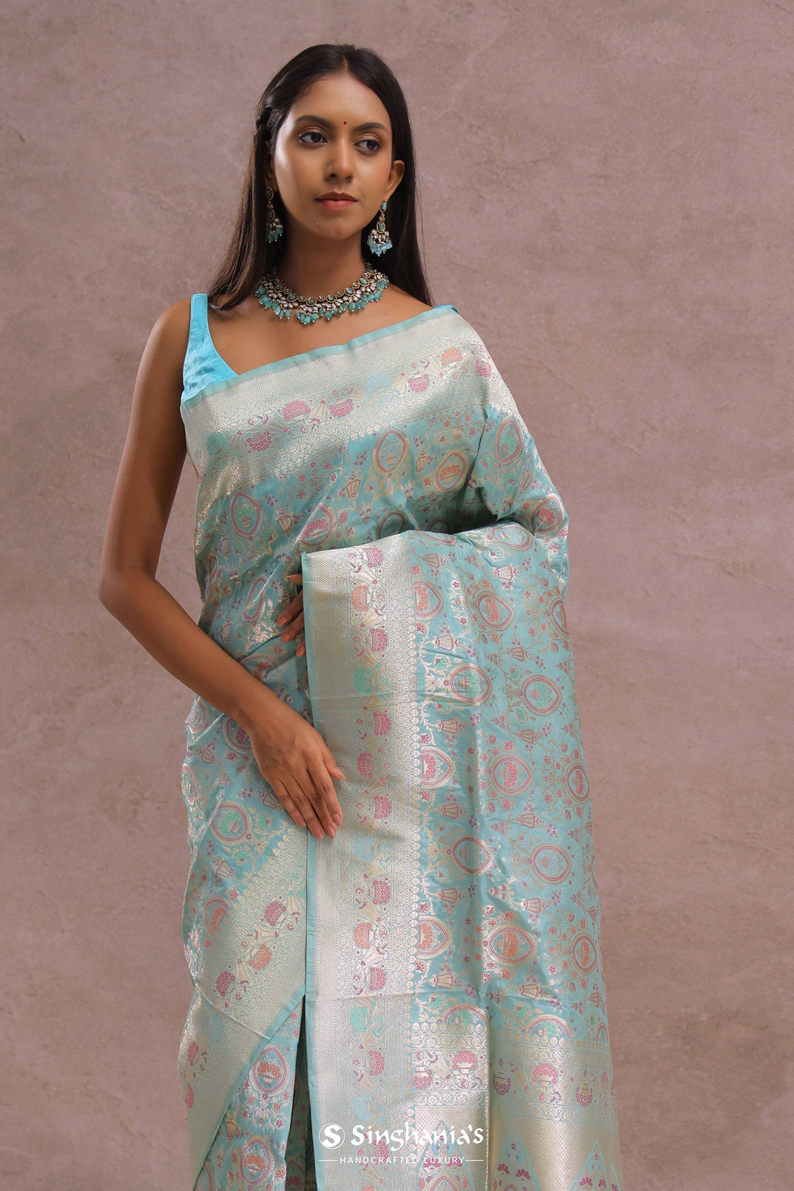 Sapphire Blue Banarasi Silk Saree With Meenakari Work