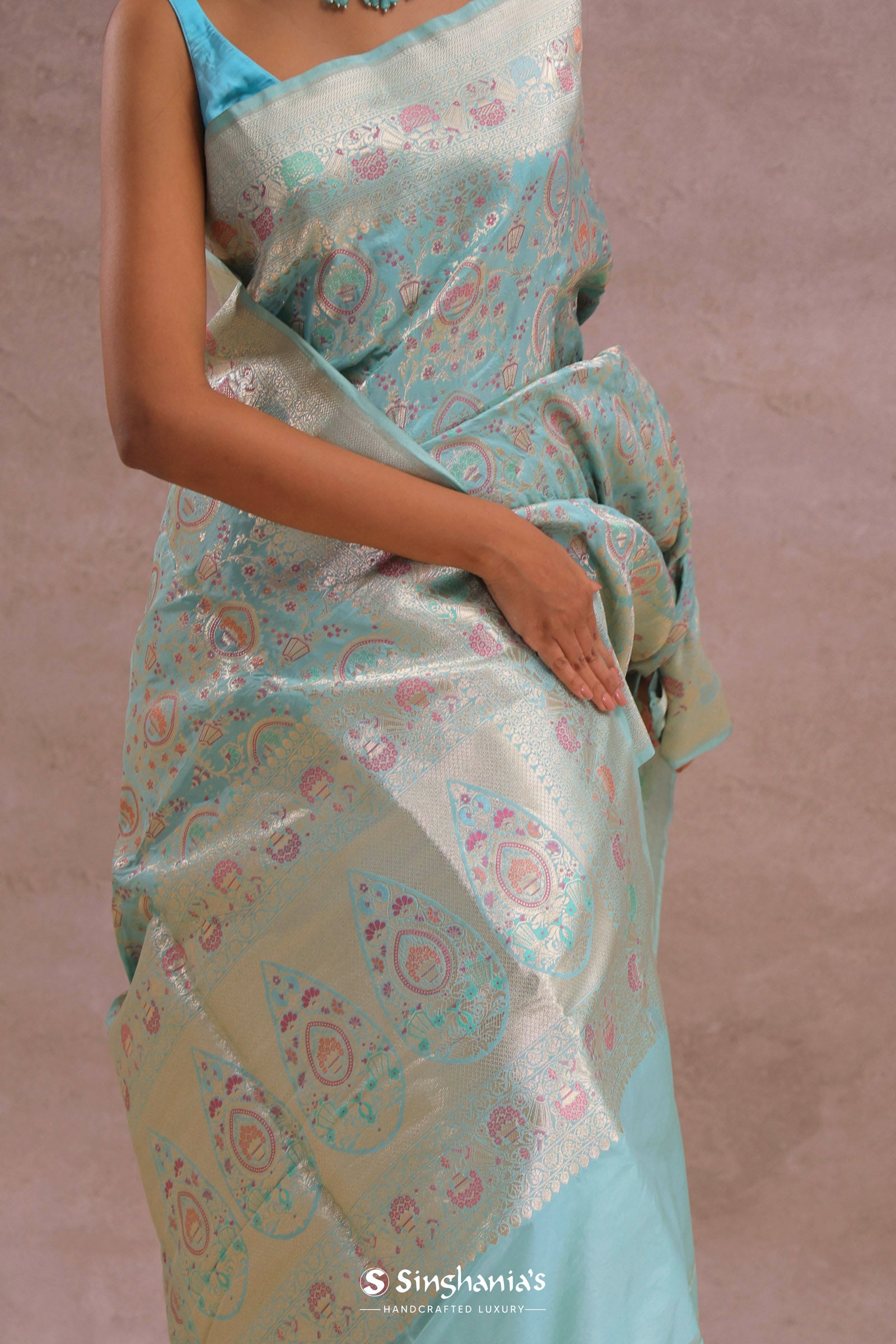 Sapphire Blue Banarasi Silk Saree With Meenakari Work