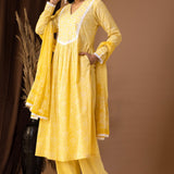 Yellow Khadi Printed Cotton Cambric Kurta Set