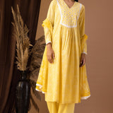 Yellow Khadi Printed Cotton Cambric Kurta Set