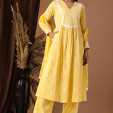 Yellow Khadi Printed Cotton Cambric Kurta Set