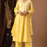 Yellow Khadi Printed Cotton Cambric Kurta Set