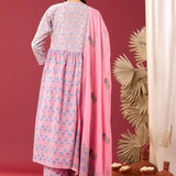 Block Printed Pink Gathered Cotton Kurti Set