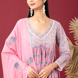 Block Printed Pink Gathered Cotton Kurti Set