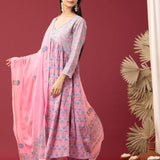 Block Printed Pink Gathered Cotton Kurti Set