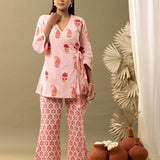 Rose Pink Block Printed Cotton Cambric Kurta With Pant