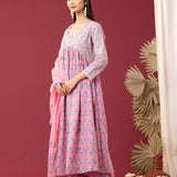 Block Printed Pink Gathered Cotton Kurti Set