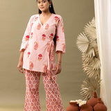 Rose Pink Block Printed Cotton Cambric Kurta With Pant
