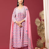 Block Printed Pink Gathered Cotton Kurti Set