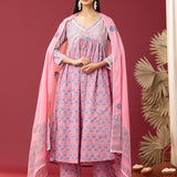 Block Printed Pink Gathered Cotton Kurti Set