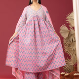 Block Printed Pink Gathered Cotton Kurti Set
