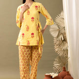 Yellow Block Printed Cotton Cambric Kurta With Pant