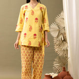 Yellow Block Printed Cotton Cambric Kurta With Pant