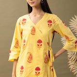 Yellow Block Printed Cotton Cambric Kurta With Pant