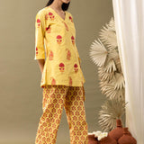 Yellow Block Printed Cotton Cambric Kurta With Pant