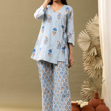 Blue Block Printed Cotton Cambric Kurta With Pant
