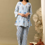 Blue Block Printed Cotton Cambric Kurta With Pant