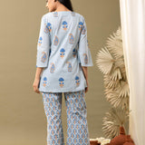 Blue Block Printed Cotton Cambric Kurta With Pant