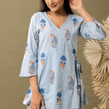 Blue Block Printed Cotton Cambric Kurta With Pant