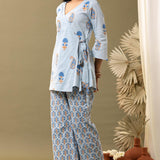 Blue Block Printed Cotton Cambric Kurta With Pant