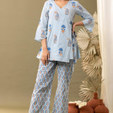 Blue Block Printed Cotton Cambric Kurta With Pant