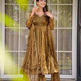 Metalic Olive Green Gold Anarkali Set