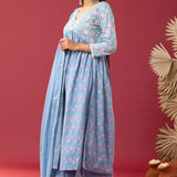 Block Printed Blue Gathered Cotton Kurti Set