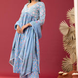 Block Printed Blue Gathered Cotton Kurti Set