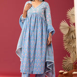Block Printed Blue Gathered Cotton Kurti Set