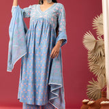 Block Printed Blue Gathered Cotton Kurti Set