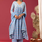 Block Printed Blue Gathered Cotton Kurti Set