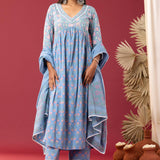 Block Printed Blue Gathered Cotton Kurti Set