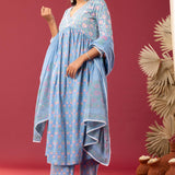 Block Printed Blue Gathered Cotton Kurti Set