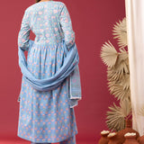 Block Printed Blue Gathered Cotton Kurti Set